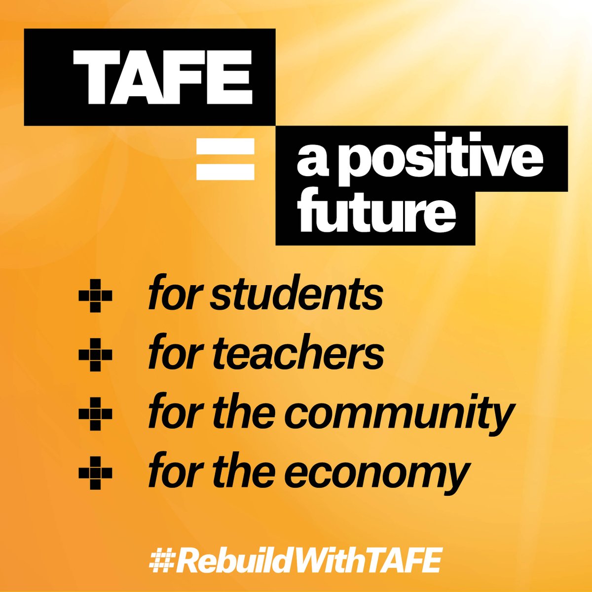 We believe in the power of public vocational education to shape our country’s future.

There has never been a greater need for further investment to ensure that Australia has a high quality, well-resourced and respected TAFE sector. 

Share if you agree! 

#RebuildWithTAFE