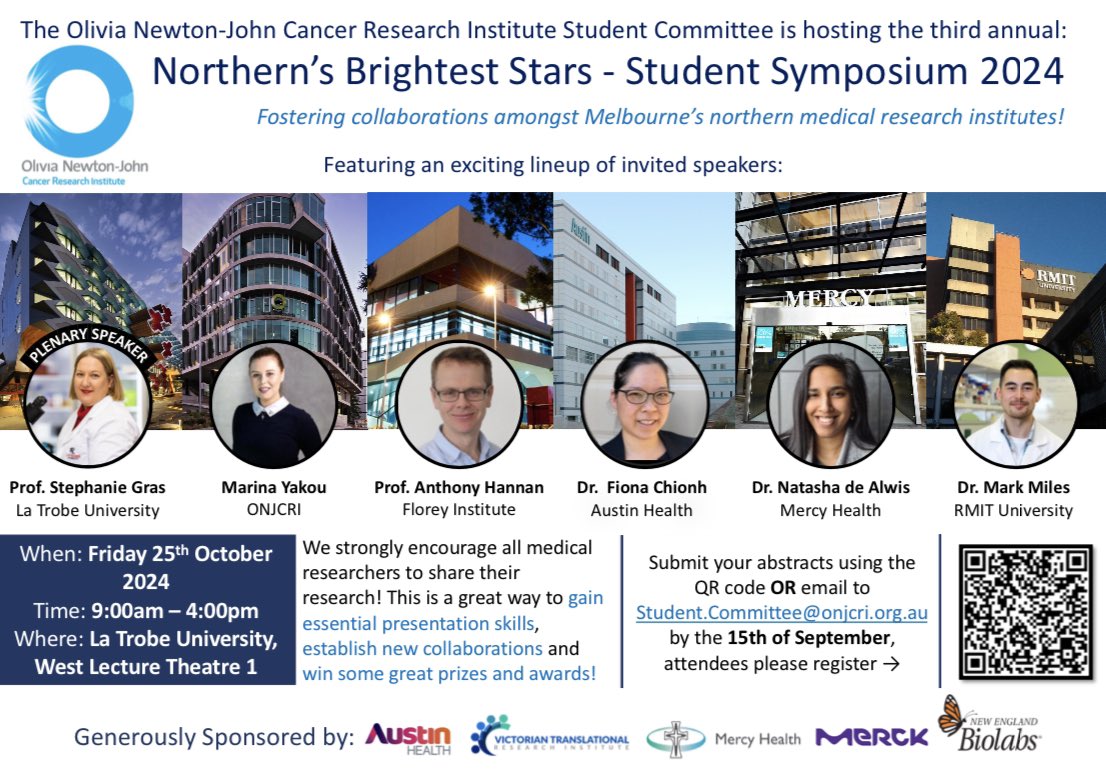 ONJ Cancer Research Institute (@onjcri) on Twitter photo 🌟 Nothern’s Brightest Stars Student Symposium is back on Oct 25, at La Trobe University! 🌟
Join us from 9am-4pm to see amazing research by students from <a href="/ONJCRI/">ONJ Cancer Research Institute</a>, <a href="/LIMSLTU/">La Trobe Institute for Molecular Science</a>, <a href="/Austin_Health/">Austin Health</a>, <a href="/TheFlorey/">The Florey</a>, <a href="/MercyHealthAus/">Mercy Health</a> & <a href="/RMIT/">RMIT University</a> 🧪
🗓️ Register by Sept 15: tiny.cc/NBS24 🌟 Nothern’s Brightest Stars Student Symposium is back on Oct 25, at La Trobe University! 🌟
Join us from 9am-4pm to see amazing research by students from <a href="/ONJCRI/">ONJ Cancer Research Institute</a>, <a href="/LIMSLTU/">La Trobe Institute for Molecular Science</a>, <a href="/Austin_Health/">Austin Health</a>, <a href="/TheFlorey/">The Florey</a>, <a href="/MercyHealthAus/">Mercy Health</a> & <a href="/RMIT/">RMIT University</a> 🧪
🗓️ Register by Sept 15: tiny.cc/NBS24