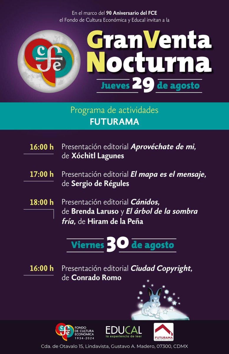 TierraAdentro's tweet image. 📚🌙 ¡Mañana comienza la Gran #VentaNocturnaFondoEducal! Aprovecha descuentos especiales y descubre libros para todos los gustos. ¡No te pierdas a @xochimeh hablando de su libro  &quot;Aprovéchate de mí&quot; y a muchos autores más!🤩✨ ¡Te esperamos! #CentroCulturalFuturama #FCE90Años
