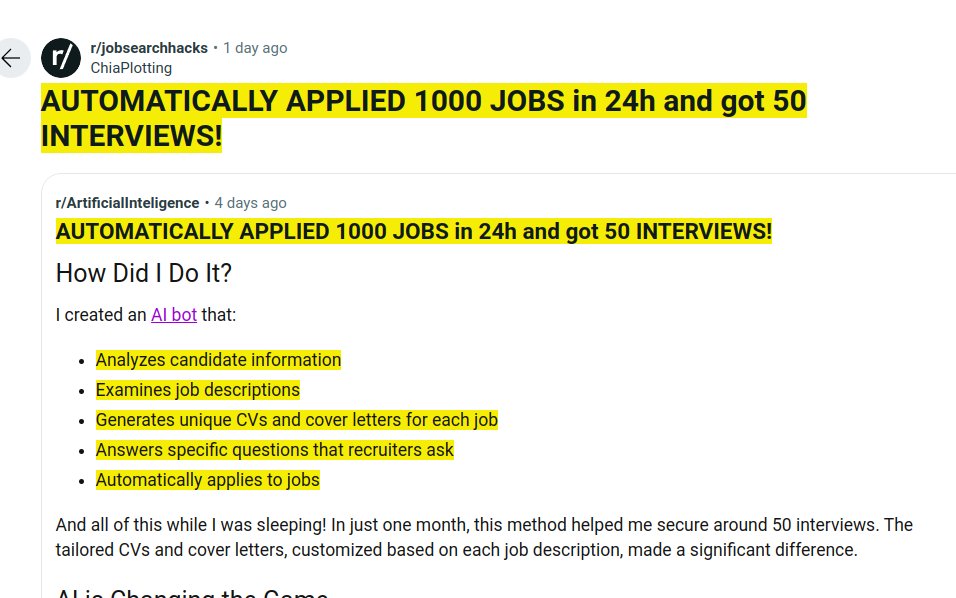 Terry_Djony's tweet photo. Ada yang bikin AI untuk ngelamar kerja di linkedin.

Dalam sehari bisa kirim 1000 lamaran kerja dgn cover letter beda-beda tiap perusahaan,
dapet 50 interview 🤯

Jaman sekarang udh bisa banget kirim personalized message at scale di industri apapun (hiring, sales, dkk)! https://t.co/T2V0OcvGoM