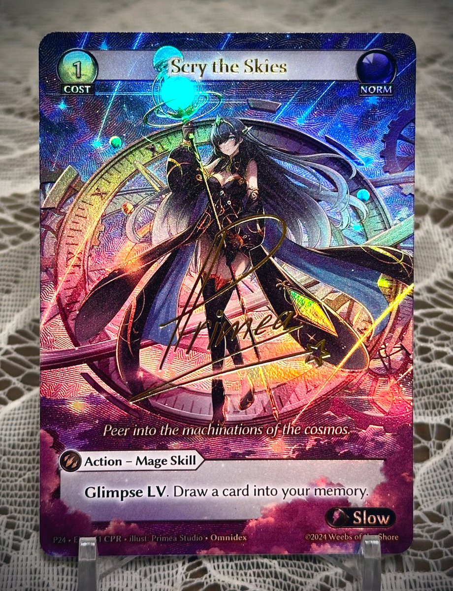 先ほどの"Scry the Skies"  
生のカードはこんなカンジ☺️
以前のポストでも書きましたが、grand archiveのコレクターズ〜というレアリティ全般の加工ですが、MTGのテクスチャーfoilと似た加工になってます🧐
#GrandArchiveTCG