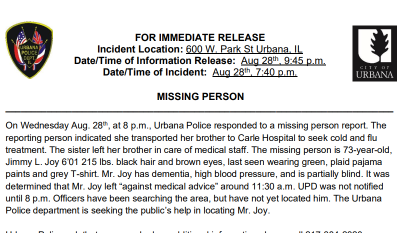 UrbanaPD's tweet photo. UPD is requesting the public's help in locating this man for his medical safety. https://t.co/l40tdTH62H