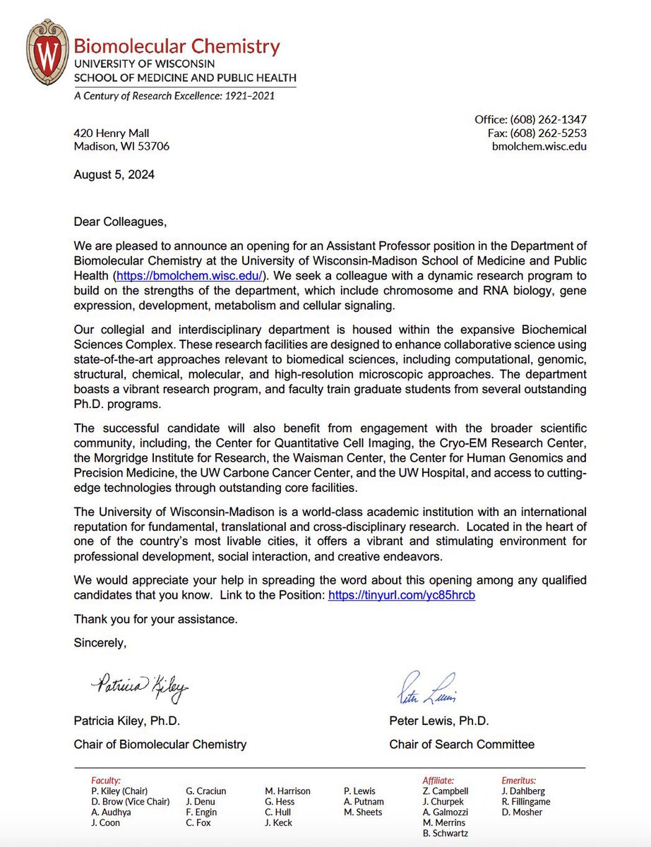 🚨We're hiring! The Department of Biomolecular Chemistry at @UWSMPH is hiring an Assistant Professor with a focus on gene expression, RNA biology, or cellular signaling. Join our collaborative, interdisciplinary team in beautiful Madison! Apply here: tinyurl.com/yc85hrcb