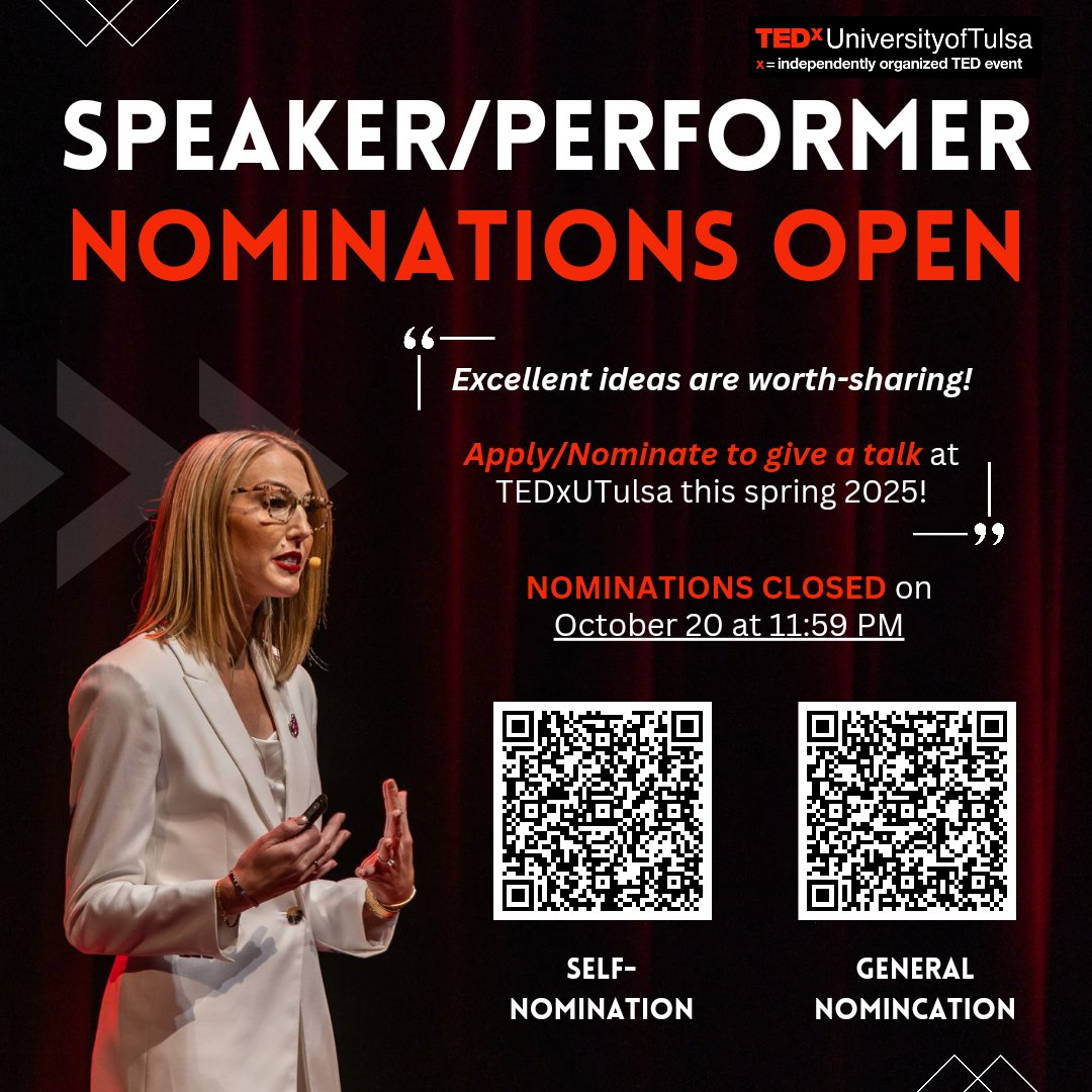 TEDxUTulsa's tweet photo. 📣 NOMINATIONS ARE OFFICIALLY OPEN‼️
 Now’s the time to take the stage at our TEDxUTulsa 2025 event! 🎤 

Our theme this year is WAVES 🌊 What impactful ideas will you bring to make waves in our community? 

Apply or nominate TODAY! ❤️‍🔥
#tedxtalks #speech #publicspeaking #academy https://t.co/LowIJJVrBP
