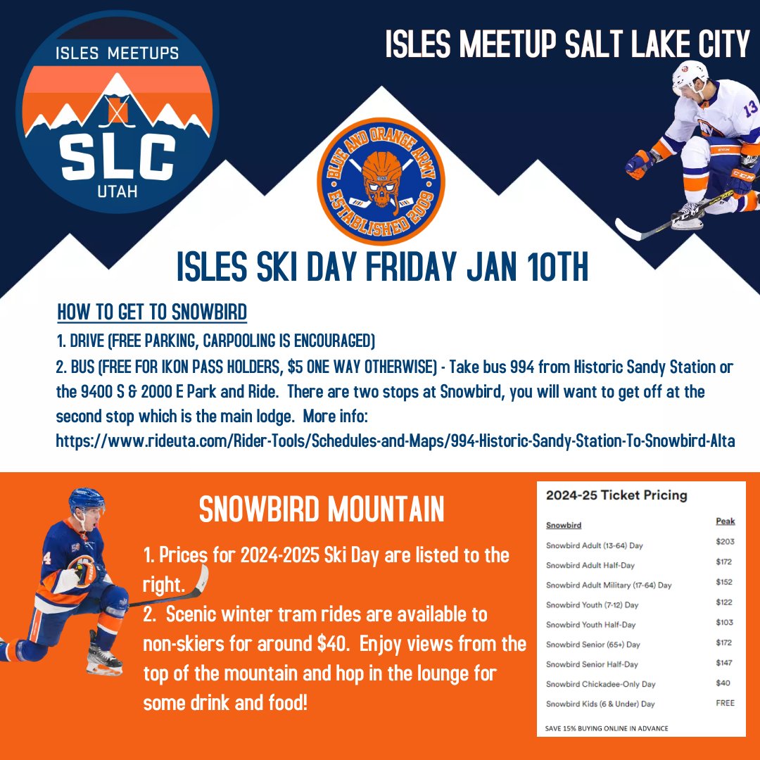Isles Meetup Salt Lake City (@islesmeetup_slc) on Twitter photo We have a fun trip planned for the #islesmeetup for January 10th and 11th! Come ski, snowboard, or hang on Friday at snowbird mountain followed by the meetup on Saturday with <a href="/Section_329/">Blue and Orange Army</a>. Details below! 👇 #isles <a href="/IslesMeetups/">X-Isles Meetups</a> We have a fun trip planned for the #islesmeetup for January 10th and 11th! Come ski, snowboard, or hang on Friday at snowbird mountain followed by the meetup on Saturday with <a href="/Section_329/">Blue and Orange Army</a>. Details below! 👇 #isles <a href="/IslesMeetups/">X-Isles Meetups</a>