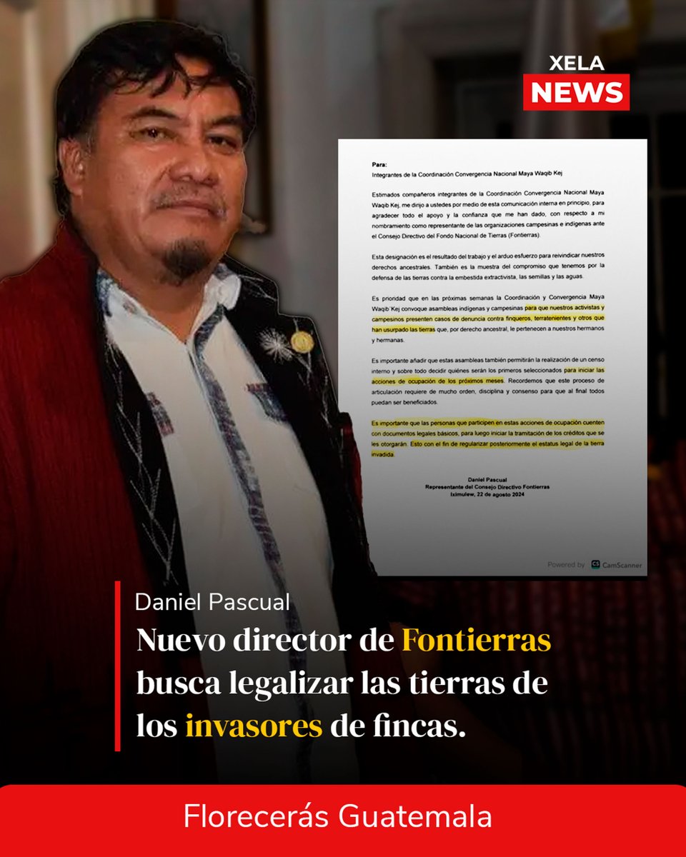 XelaNewsGt's tweet photo. "Es importante que las personas que participen en estas acciones de ocupación cuenten con documentos legales básicos... Esto con el fin de REGULARIZAR posteriormente el estatus LEGAL de la tierra invadida."
Atte. @DanielPascualH, titular de #Fontierras.
#XelaNews 🇫🇷 https://t.co/BRBsPqoOEE