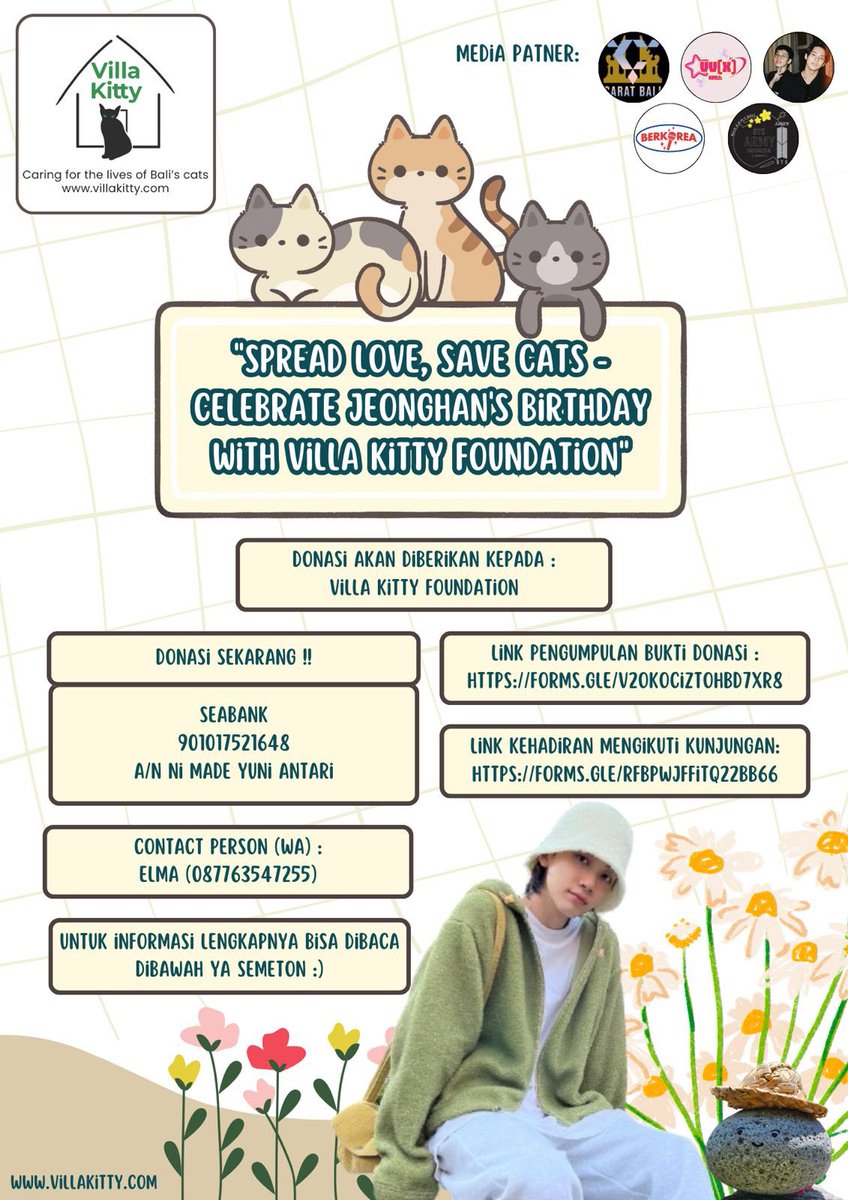 Annyeonghaseyo Semetonn!!⋆˚🐾˖°🤍

Ramaikan kegiatan donasi untuk Villa Kitty Foundation dg merayakan ulang tahun uri jeonghanie💗. Hasil dari Charity nantinya akan diberikan kepada pihak Villa Kitty Foundation yang bertempat di Br. Tegal Bingin, Desa Mas, Ubud, Gianyar-Bali🏠