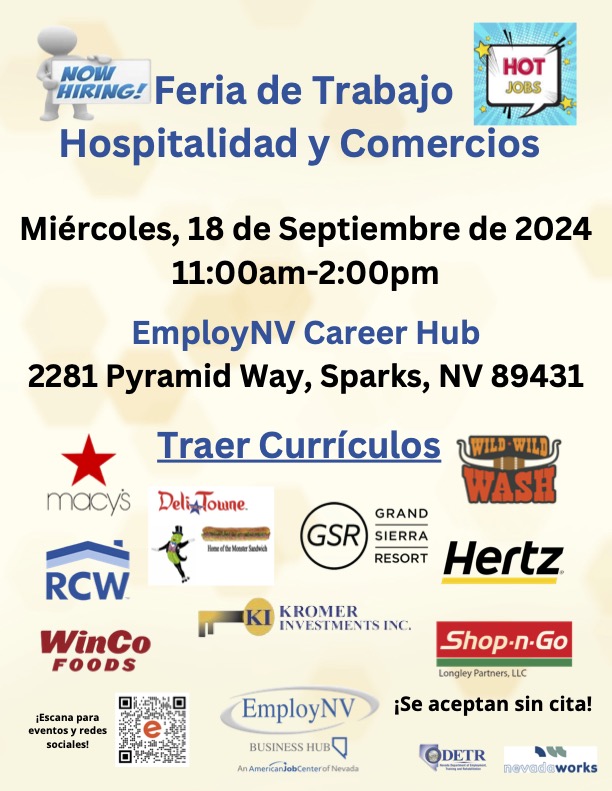 EmployNVNorth's tweet image. Wednesday, September 18, 11AM-2PM, Hospitality &amp;amp; Retail Job Fair in Sparks
Bring your resume and speak with recruiters from Shop n Go, Kromer Investments Inc., Deli Towne, and more.
We'll see you at the EmployNV Career Hub, 2281 Pyramid Way, Sparks

#Hiring