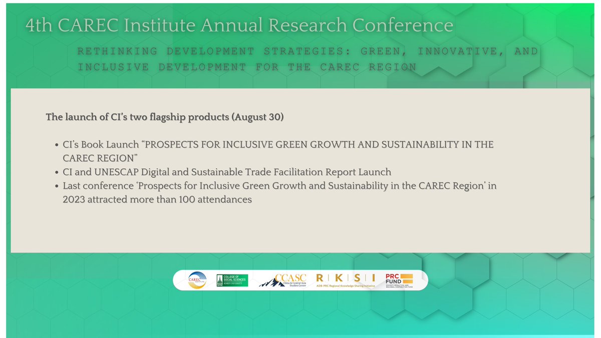 CARECInstitute's tweet photo. #CARECProgram The #CARECInstitute (CI) is pleased to announce its #4thAnnualResearchConference, themed “Rethinking Development Strategies: Green, Innovative, and Inclusive Development for the CAREC Region.” Scheduled for August 29-30, 2024, in Almaty, Kazakhstan, this conference is co-organized by the College of Social Sciences and the China & Central Asia Studies Center at KIMEP University, along with the ADB-PRC Regional Knowledge Sharing Initiative (RKSI), and supported by the Asian Development Bank (ADB).