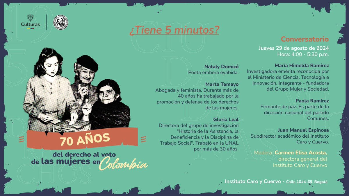 En el marco de la celebración de los 70 años del derecho al voto de las mujeres en Colombia, nuestra camarada Paola Ramírez, integrante de la Dirección Nacional de <a href="/ComunesCoL/">Partido COMUNES 🌹</a> hará parte de este conversatorio, organizado por el Instituto Caro y Cuervo.

¡Les esperamos!

💜🌹