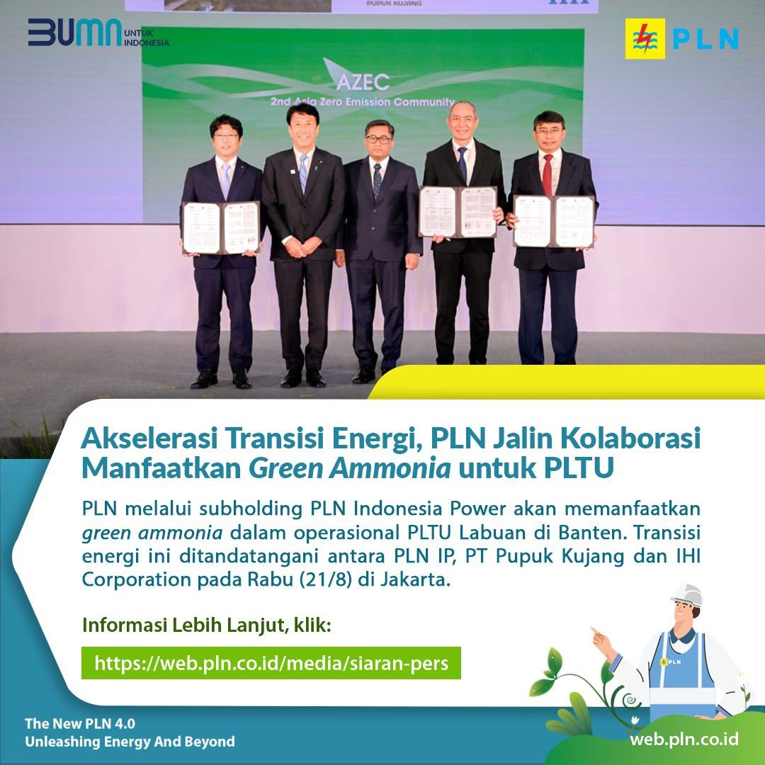 _pln_id's tweet photo. Electrizen, PLN melalui subholding PLN Indonesia Power terus berinovasi menurunkan emisi sektor ketenagalistrikan, salah satunya melalui pemanfaatan green ammonia pada PLTU. 

#PLN #PLNUntukIndonesia #AcceleratingRenewableEnergy #KinerjaPLNHattrick #PLNSiagaHUTRIIKN https://t.co/1PAttHmhsg