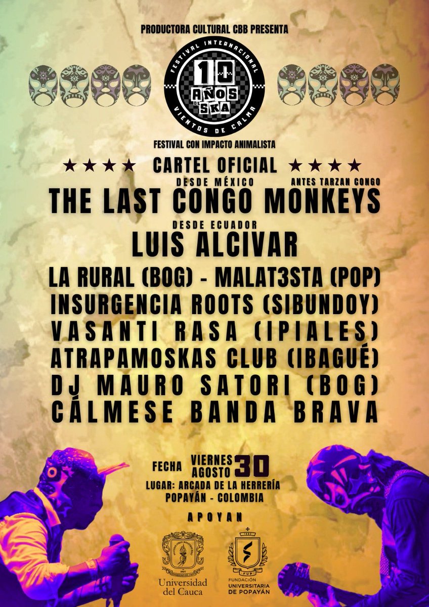 Les contamos a todos que el Festival Internacional Vientos de Calma. 10 años de Ska se va a realizar en la Arcada de la Herrería.
Viernes 30 de agosto 2024
Hora: 4 PM
#PopayanCultural