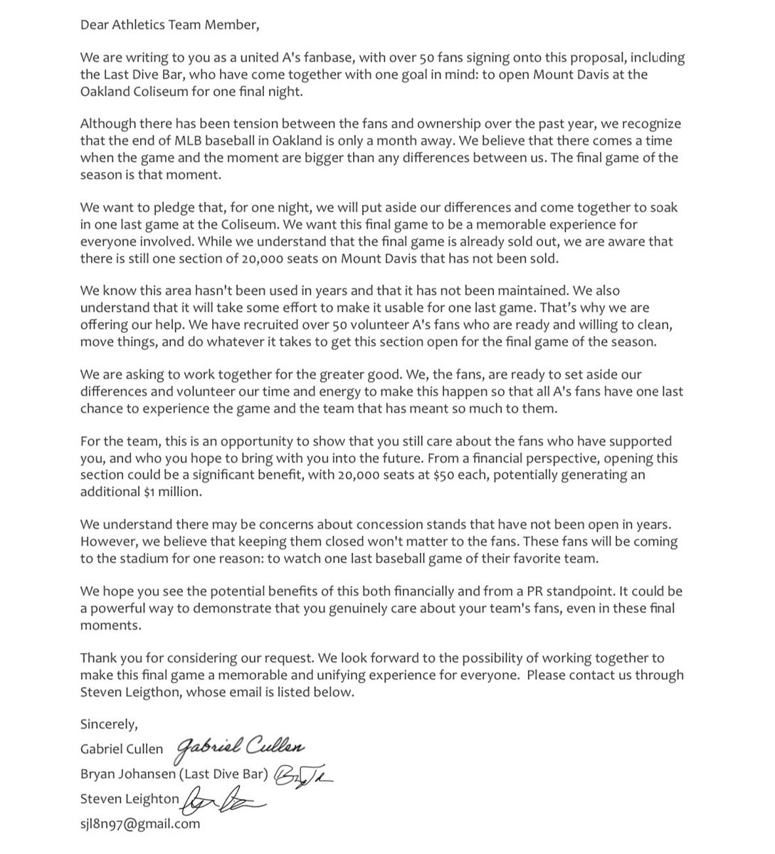 We’ve sent this proposal to 200+ A’s employees calling on them to open Mt. Davis for the final A's game in Oakland! 

Over 50 fans are ready to volunteer &amp; clean it up, adding 20K seats for those who want to witness the Oakland A’s final game. 

Let’s make it happen! #OpenMtDavis