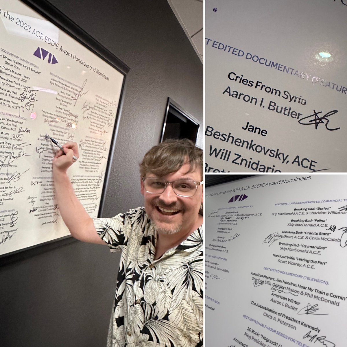 Cool! <a href="/aaronibutler/">Aaron I. Butler, ACE</a> was at the <a href="/Avid/">Avid</a> office and realized that he missed signing the Congratulatory ACE Eddie Award signing board in 2023 for Euphoria. He signed in 2014 and 2018! Here’s a sharpie! Thanks Aaron! @acefilmeditors @mpeg700 #editing #postproduction <a href="/MediaComposer/">Avid Media Composer</a>