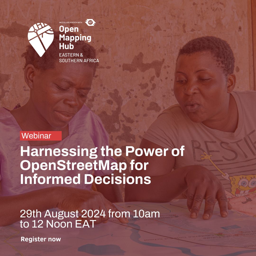 𝗟𝗮𝘀𝘁 𝗱𝗮𝘆 to register for our webinar on harnessing the power of OpenStreetMap for Informed Decisions.

Join our webinar on Thursday, August 29th from 10 am to 12 Noon EAT.

𝗥𝗲𝗴𝗶𝘀𝘁𝗲𝗿 𝗻𝗼𝘄: 𝗵𝘁𝘁𝗽𝘀://𝘀𝗵𝗼𝗿𝘁𝘂𝗿𝗹.𝗮𝘁/𝗶𝗜𝗭𝟬𝗟