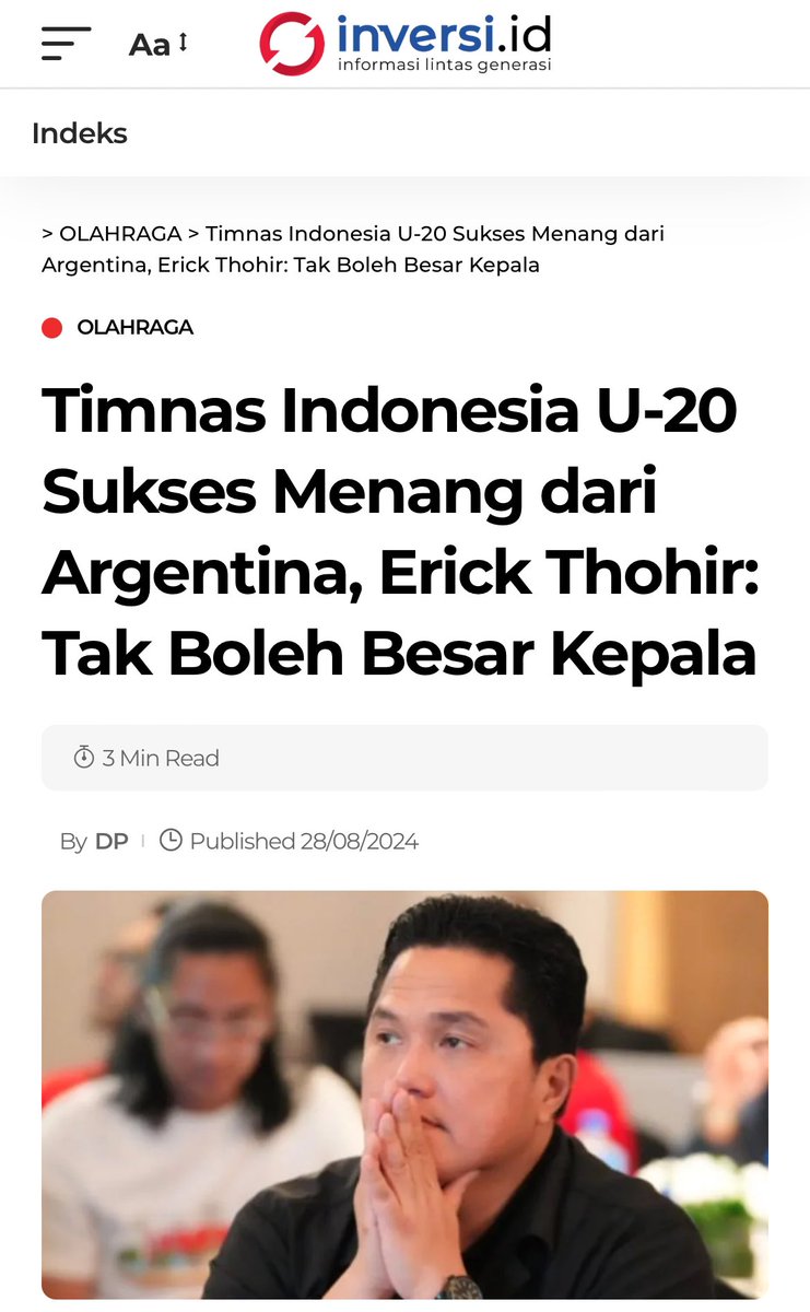 beritakekiniann's tweet photo. Ketum PSSI Erick Thohir, memberikan pujian &amp; nasihat kepada Timnas Indonesia U-20 setelah kemenangan mereka melawan Argentina dengan skor 2-1 ajang Seoul Earth On Us Cup 2024
https://t.co/qYcZC1olOV
#timnasindonesia #argentina #indonesia
Paes INI BENERAN king indo pagii tempe https://t.co/phBA6itvQY