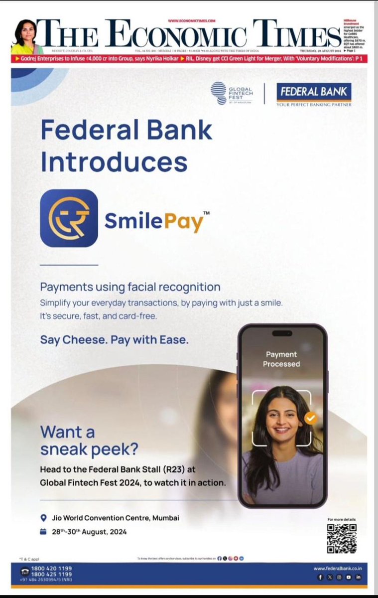 SoniRachelO's tweet photo. #Newpathbreakingtechnology

First time in the history of banking... payments at its simplest!
Forgot your wallet? Forgot your phone? Got no wearables for payment?

Don't worry... Federal Bank requires just your smile to make payments!
@FederalBankLtd @NandanNilekani @NPCI_NPCI https://t.co/uCDXBjfoGS