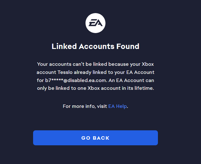 teslovian's tweet photo. @EAHelp I am trying to connect my xbox account to my EA account and it's not working. I tried troubleshooting it and got this page. I have no idea what this b7 email is. Please help me I just want to play some burnout paradise after buying the xbox pc game pass. https://t.co/dpNwmg4lfd