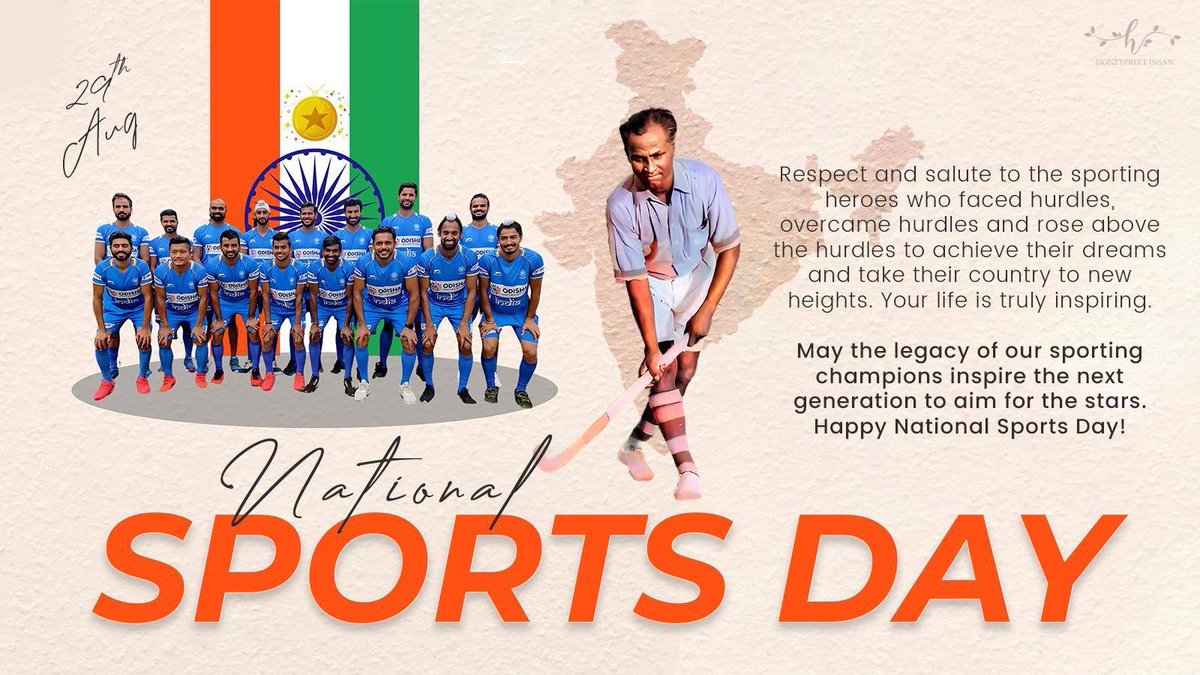 insan_honey's tweet photo. Our sportspersons are our pride, they are the shining jewels in the crown of our nation. Let's nurture, support and encourage them to put their hearts and souls into achieving their highest potential.
Heartfelt tributes to the greatest of all times, hockey legend, Major Dhyan Chand ji on his birth anniversary and salute to all the athletes who work hard to bring laurels to the nation. 

#NationalSportsDay #MajorDhyanChand #राष्ट्रीय_खेल_दिवस