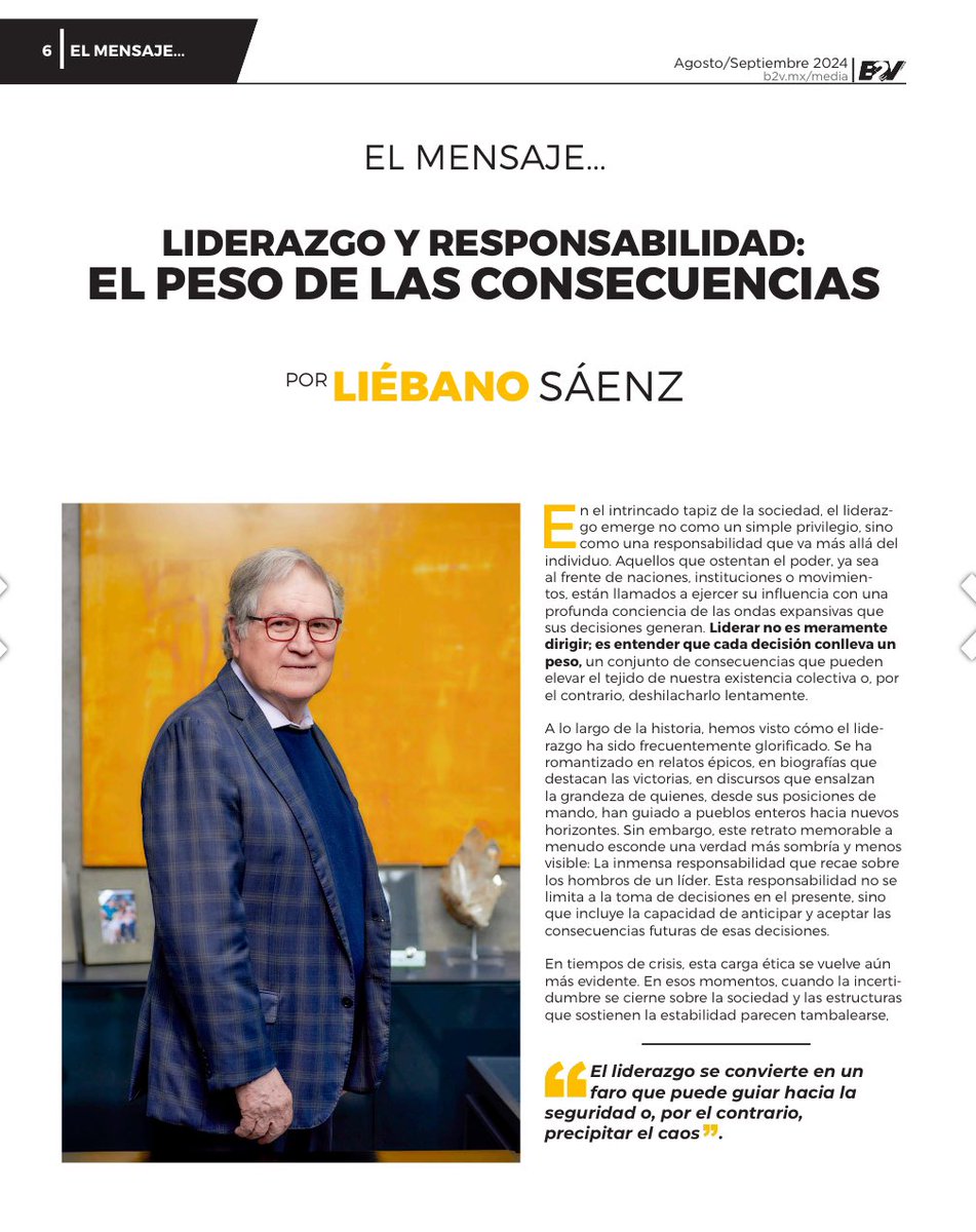 SaenzDuran's tweet photo. No se pierdan la participación de @liebano en la revista @b2v_mx 
Liderazgo y responsabilidad: el peso de las consecuencias

https://t.co/kS9pMTpTyo https://t.co/G4HPsgvkKw