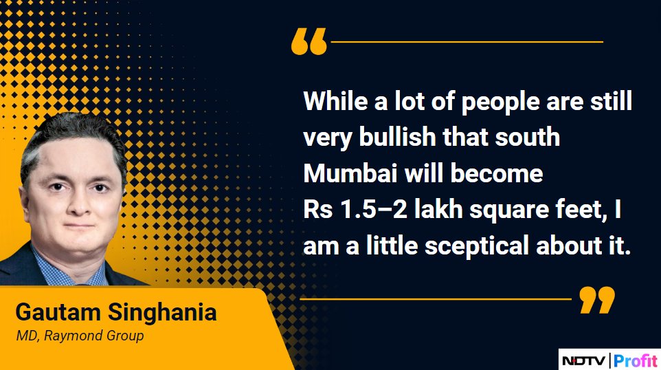 NDTVProfitIndia's tweet image. Real-estate prices in south Mumbai are likely to decline but it is very difficult to tell by how much, says #RaymondGroup MD Gautam Singhania.

Read: bit.ly/4dJXCY2