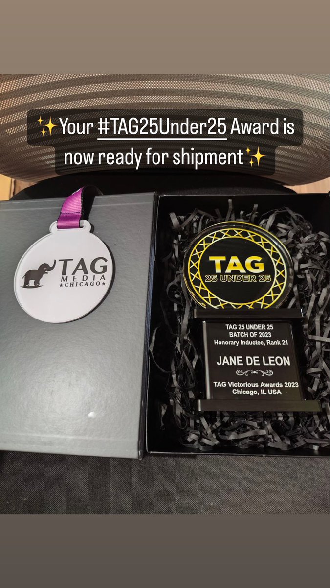 tagmediachicago's tweet photo. ✨Your #TAG25Under25 Award is now ready for shipment✨@Imjanedeleon @janedeleonofcl #JaneDeLeon https://t.co/jmpYw771FG