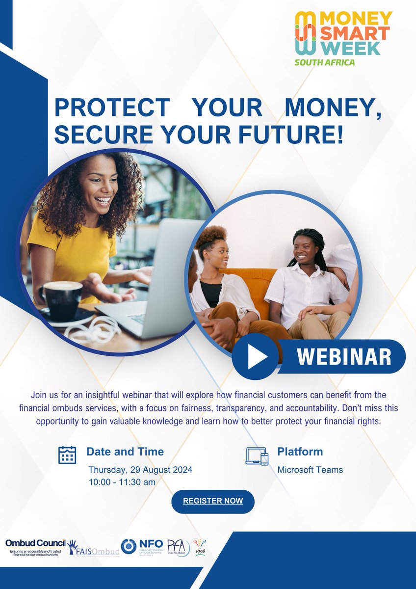 Join us, together with the <a href="/OmbudCouncil/">Ombud Council</a> ,<a href="/NFO_Ombud/">National Financial Ombud Scheme South Africa (NFO)</a> &amp; the <a href="/OPFA_SA/">OPFA South Africa</a> for an insightful webinar that will explore how financial customers can benefit from the financial ombuds services. To learn more, click here: bit.ly/4dE67no <a href="/MSW_SA/">MSWSA</a>
#ProtectYourMoneySecureYourFuture