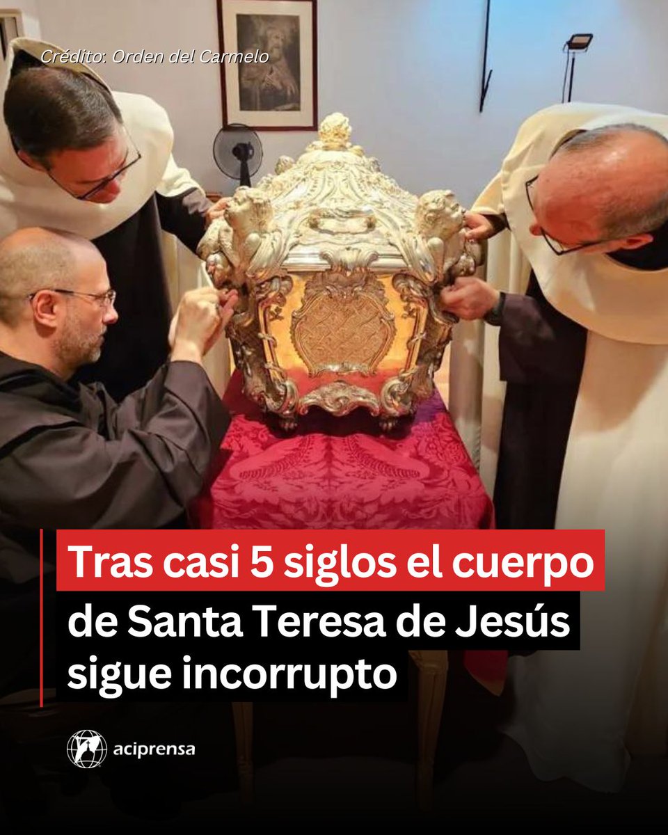 aciprensa's tweet image. La Diócesis de Ávila (España) informó este 28 de agosto que el cuerpo de Santa Teresa de Jesús o de Ávila, Doctora de la Iglesia, se mantiene incorrupto, tras su muerte ocurrida el 4 de octubre de 1582.

“En la jornada de hoy se ha abierto el sepulcro de Santa Teresa y hemos…