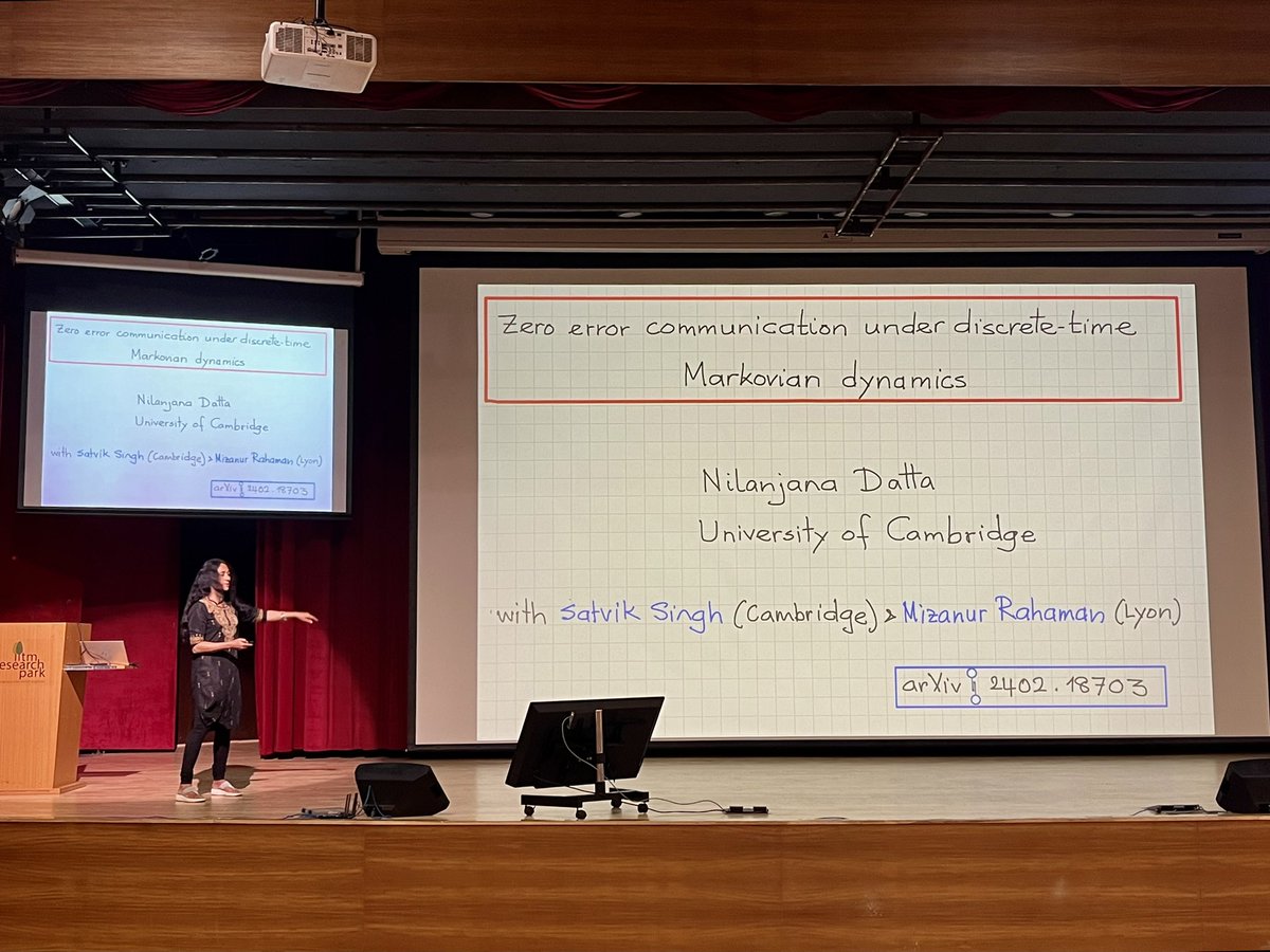 MeteAtature's tweet photo. Day 4 of #QCMC starts with Nilanjana Datta on zero-error #quantum communication with Markovian dynamics https://t.co/PXAlbbqoOL