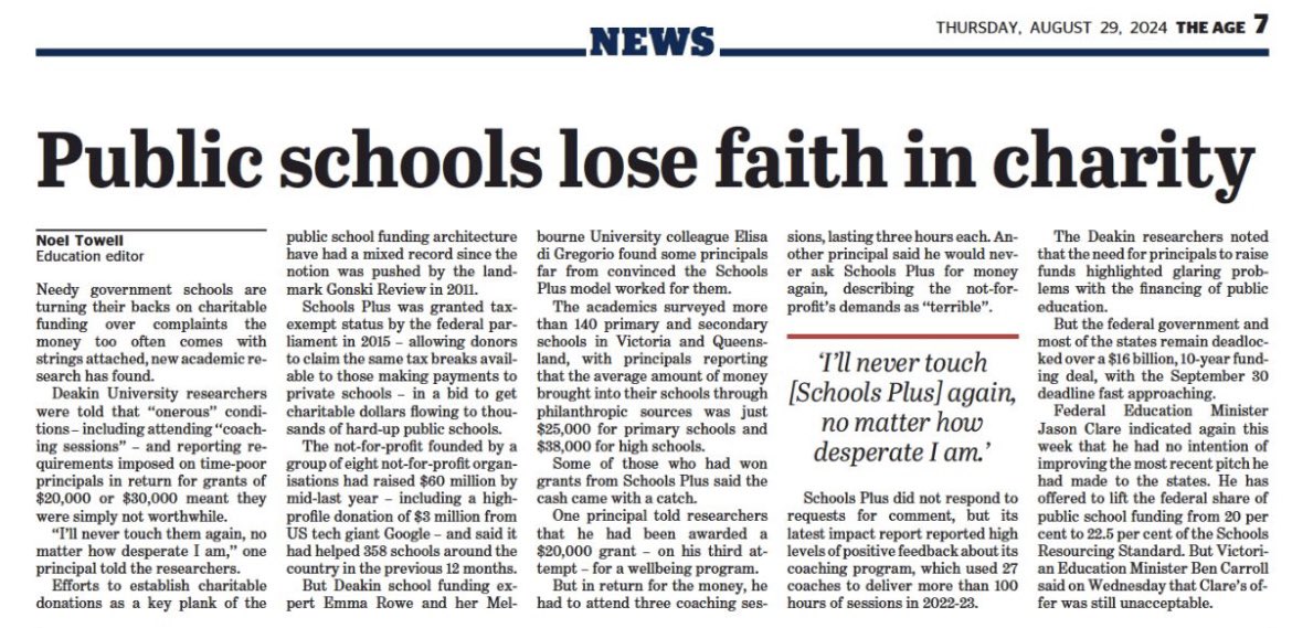 Public school principals shouldn't be grant chasers and revenue raisers, and reliant upon philanthropy. Our paper, expertly led by @emmaelitarowe 

Link to paper: link.springer.com/article/10.100… 
Link to The Age article: theage.com.au/national/victo…