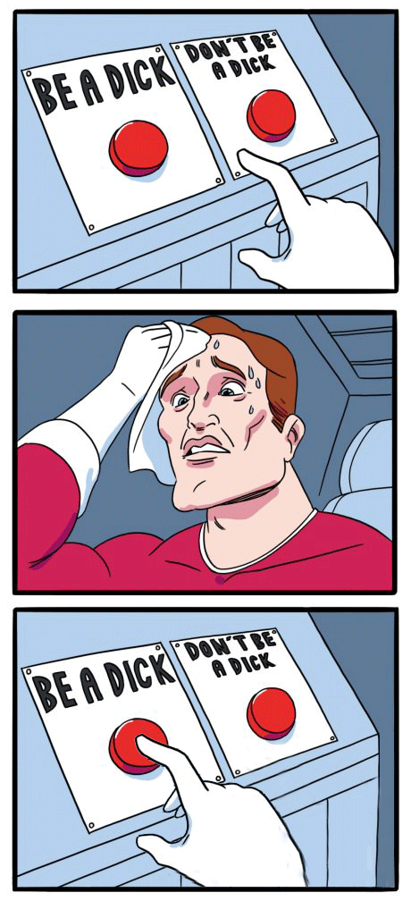 CryptoAlchemis7's tweet image. $THOM @Thom_On_Sol

The Sweating Man Choosing Between Two Buttons meme originated from a comic posted by animator Jake Clark on his Tumblr blog on October 25th, 2014. The comic depicts a character sweating and struggling to decide between pressing "BE A DICK" or "DON'T BE A…