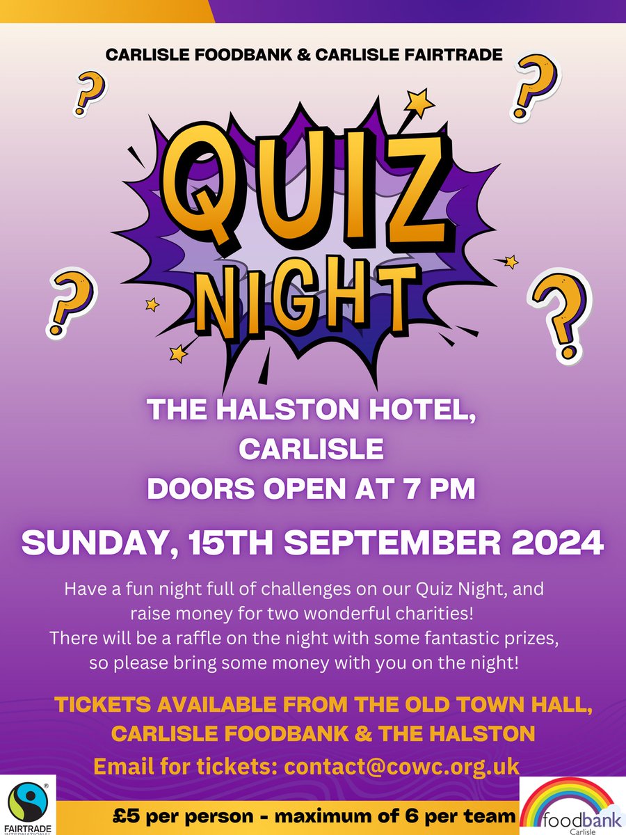 Looking forward to our next quiz as part of #Fairtradefortnight2024
on Sunday 15th September at the <a href="/halston/">Halston</a> Carlisle with <a href="/CarlisleFbank/">CarlisleFoodbank</a>