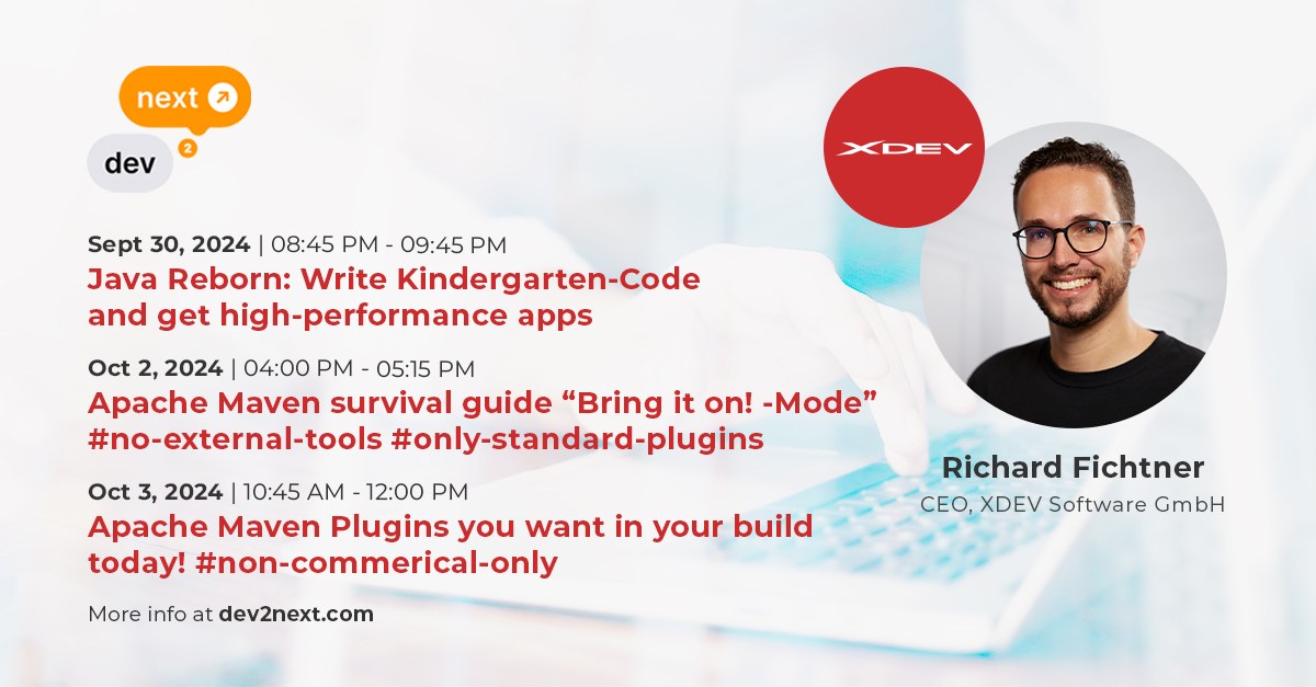 XDEVSoftware's tweet image. 🚀 Only 4 weeks to go until #dev2next in Denver! Don’t miss @RichardFichtner’s 3 talks on #Java &amp;amp; Apache Maven!
Tickets: 🔗 dev2next.com

#XDEVsoftware #developer #conference #agile #coding #venkatsubramaniam #plugins #apachemaven