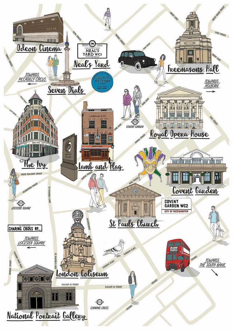 My Covent Garden Illustrated Map! A blend of hand-drawn sketches and digital art, featuring iconic landmarks like the Royal Opera House, Neal’s Yard, Lamb &amp; Flag pub, A unique guide and tribute to Covent Garden’s charm and history! #Art #London #Illustration #CoventGarden