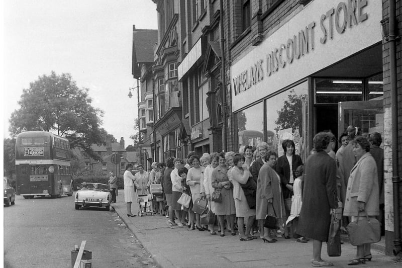 Dave Whelan's Discount Store, Wigan town centre, 1969. A large queue was attracted when it appealed for new shop assistants (Wigan Today).