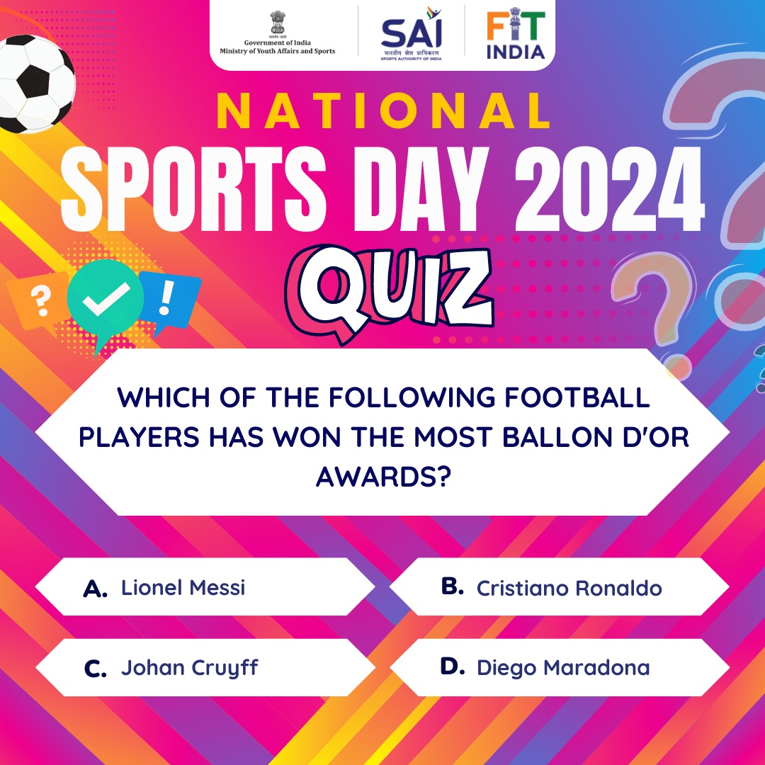 FitIndiaOff's tweet photo. Share the correct answer ☑️ to the #NationalSportsDay quiz question. Comment below👇
#FitIndia
#Sport4Unity
#fit2024india https://t.co/OU3dre1JgT