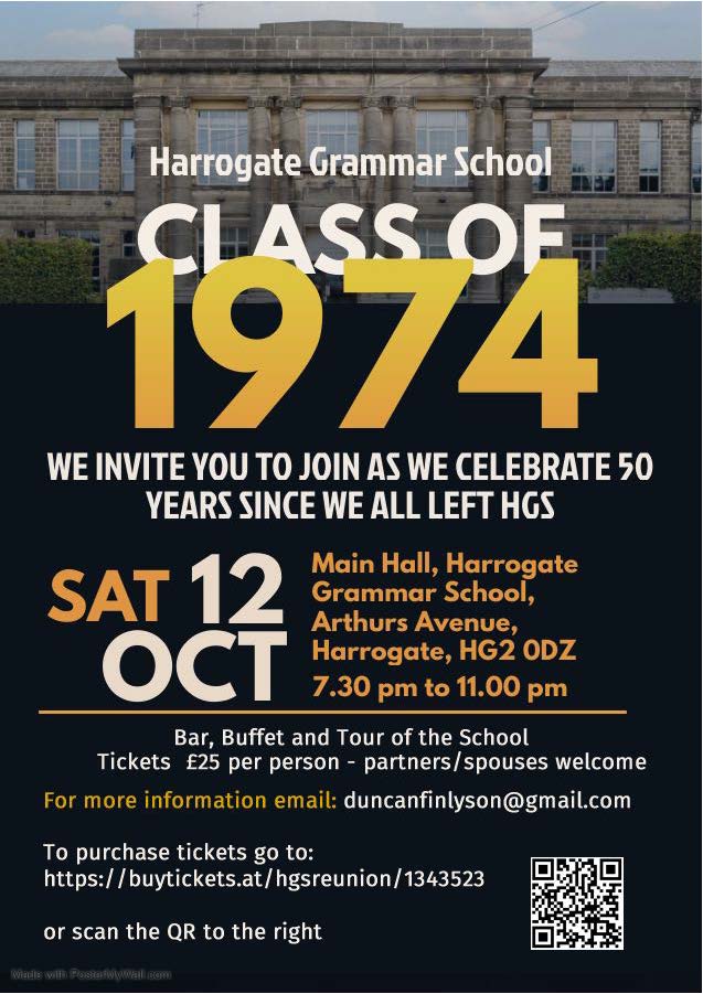 Last chance to join the Class of 1974 Reunion on 12 October!  Details in image below.