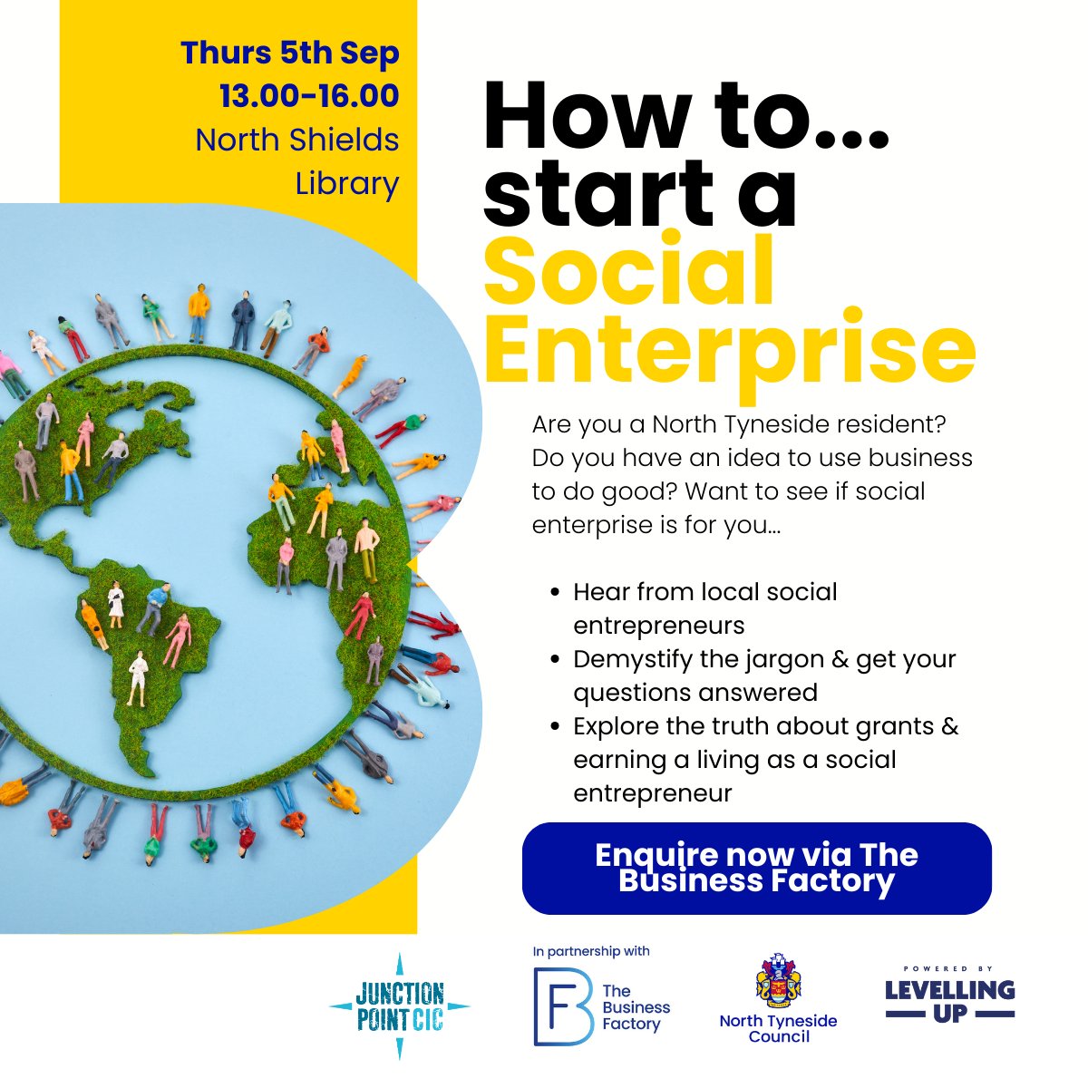 🌍 Are you a North Tyneside resident with a dream of making difference in the world?

This session, with <a href="/JunctionPointUK/">Junction Point</a>, could help you decide if the Social Enterprise sector is for you:

🗓 Thursday 5 September
⏰ 1 - 4pm
📍 North Shields Library

Book👉businessfactorynt.co.uk/how-to-start-a…