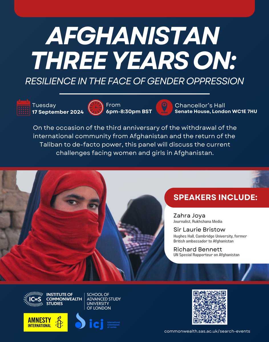 Institute of Commonwealth Studies (@icws_sas) on Twitter photo Forthcoming event: '#Afghanistan three years on: resilience in the face of #gender oppression' 17 Sep 2024, 6pm-8:30pm BST, Senate House, London WC1E 7HU. Speakers include <a href="/ZahraJoya/">Zahra Joya</a>, Sir <a href="/laurie_bristow/">Laurie Bristow</a> and <a href="/SR_Afghanistan/">UN Special Rapporteur Richard Bennett</a>. <a href="/ICJ_org/">ICJ</a> <a href="/amnesty/">Amnesty International</a> <a href="/SASNews/">School of Advanced Study, University of London</a>
shorturl.at/04xO5 Forthcoming event: '#Afghanistan three years on: resilience in the face of #gender oppression' 17 Sep 2024, 6pm-8:30pm BST, Senate House, London WC1E 7HU. Speakers include <a href="/ZahraJoya/">Zahra Joya</a>, Sir <a href="/laurie_bristow/">Laurie Bristow</a> and <a href="/SR_Afghanistan/">UN Special Rapporteur Richard Bennett</a>. <a href="/ICJ_org/">ICJ</a> <a href="/amnesty/">Amnesty International</a> <a href="/SASNews/">School of Advanced Study, University of London</a>
shorturl.at/04xO5