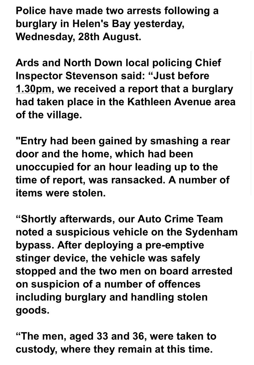 Two men arrested after house in Helen’s Bay was ransacked.