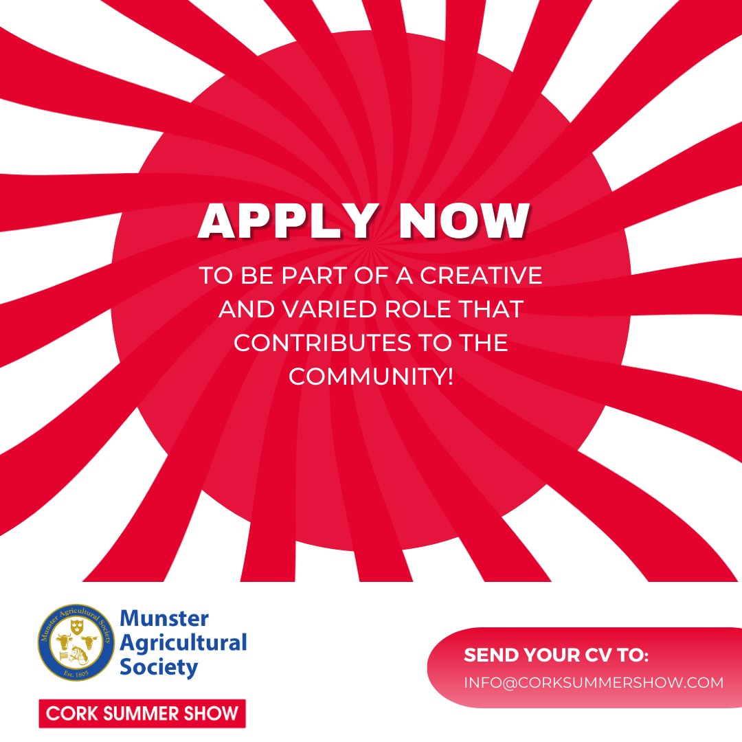 Cork Summer Show (@corksummershow) on Twitter photo Join Our Team! We're looking for an Administrator to join our team in Bishopstown. This is a full-time role with flexibility around key events. We offer a competitive salary, a friendly work environment, and free parking. Apply today email your CV to info@corksummershow.com Join Our Team! We're looking for an Administrator to join our team in Bishopstown. This is a full-time role with flexibility around key events. We offer a competitive salary, a friendly work environment, and free parking. Apply today email your CV to info@corksummershow.com