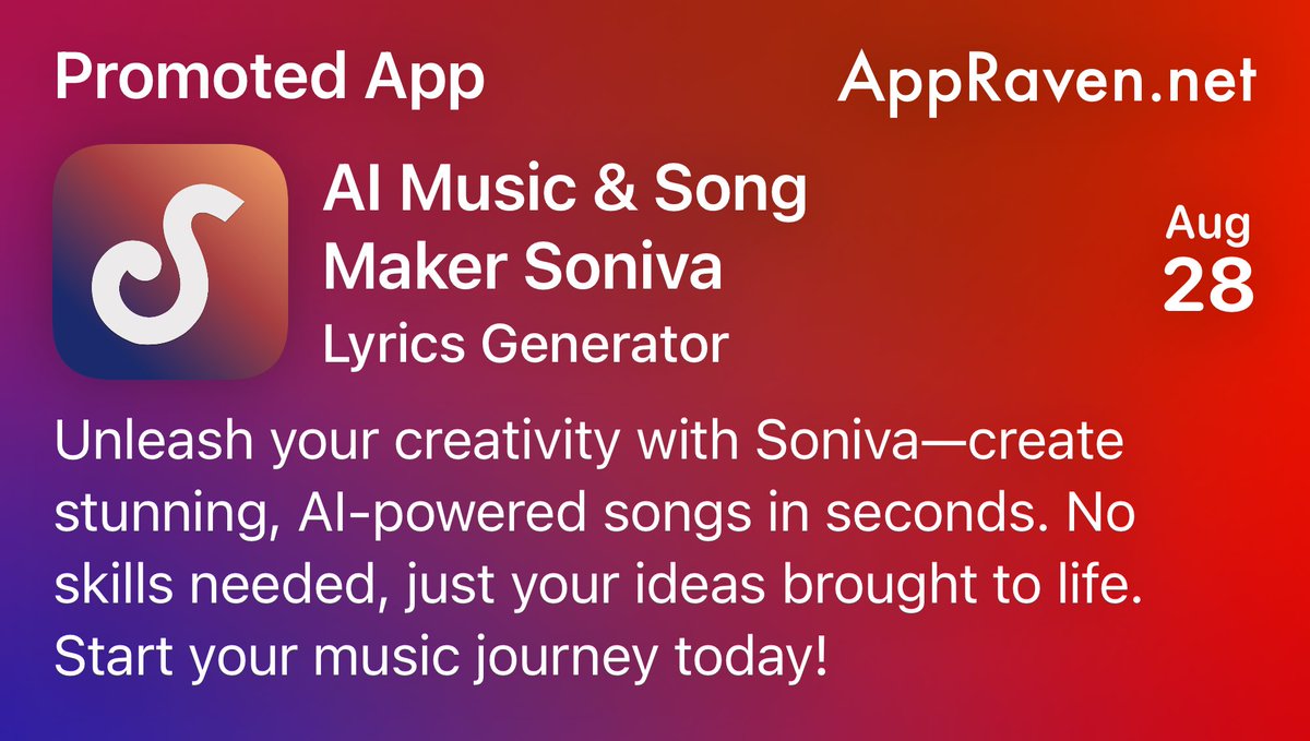 🎁 Today's App - August 29th 🎁

AI Music &amp; Song Maker Soniva
Lyrics Generator

Get it while you can!

👉 apps.apple.com/app/id65029064…

📆 Repost &amp; Follow for new deals every day!

#Apple #AppStore #Deals #Discount #iPhone #Apps #iOS