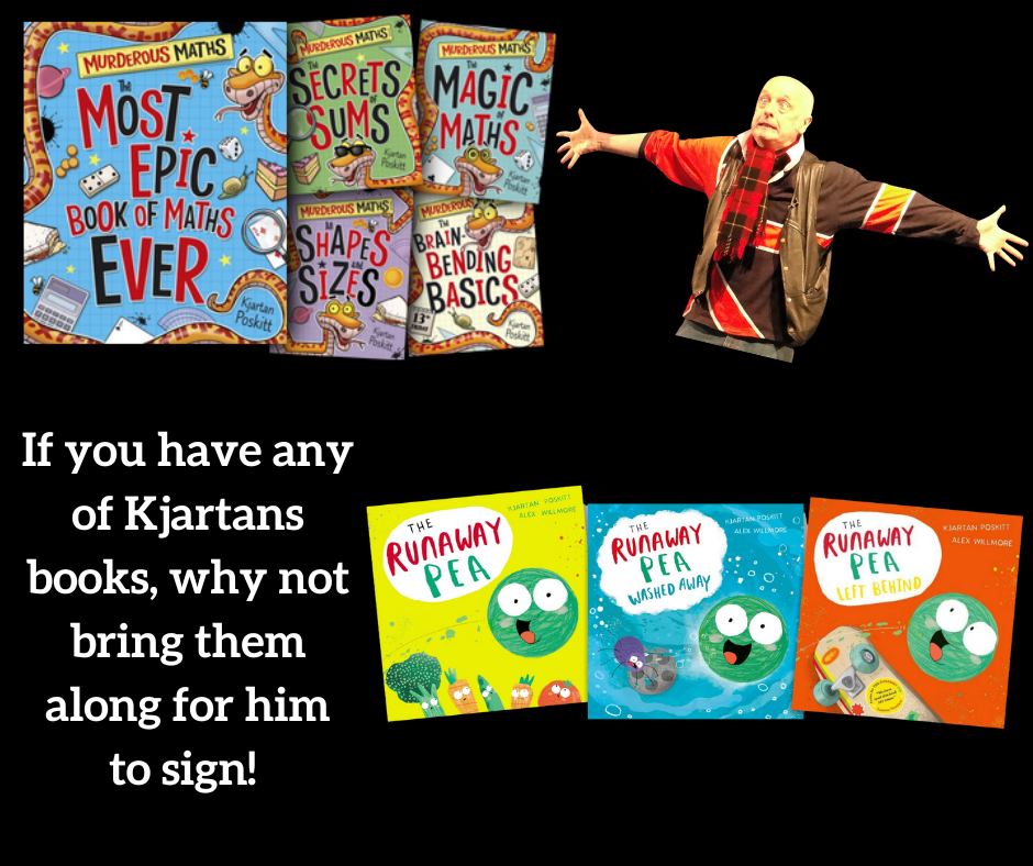 Penultimate Summer Reading Challenge event!
We feel very lucky to have Kjartan Poskitt coming to give us a taste of his Murderous Maths show &amp; bringing alive the story of the Runaway Pea! (our favourite)
Sat 31st  August 11am -12pm no need to book, just come along for the show!