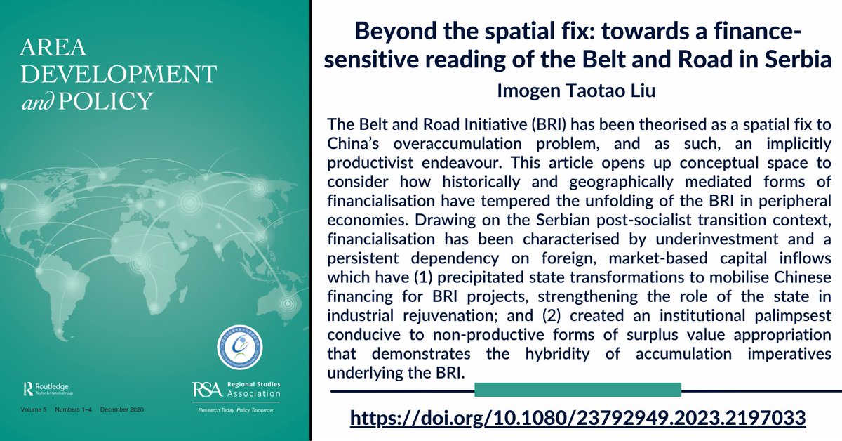 Area Development & Policy (@rsa_adp) on Twitter photo Read the #openaccess article in <a href="/RSA_ADP/">Area Development & Policy</a> : Beyond the spatial fix: towards a finance-sensitive reading of the Belt and Road in Serbia by Imogen Taotao Liu
doi.org/10.1080/237929… Read the #openaccess article in <a href="/RSA_ADP/">Area Development & Policy</a> : Beyond the spatial fix: towards a finance-sensitive reading of the Belt and Road in Serbia by Imogen Taotao Liu
doi.org/10.1080/237929…