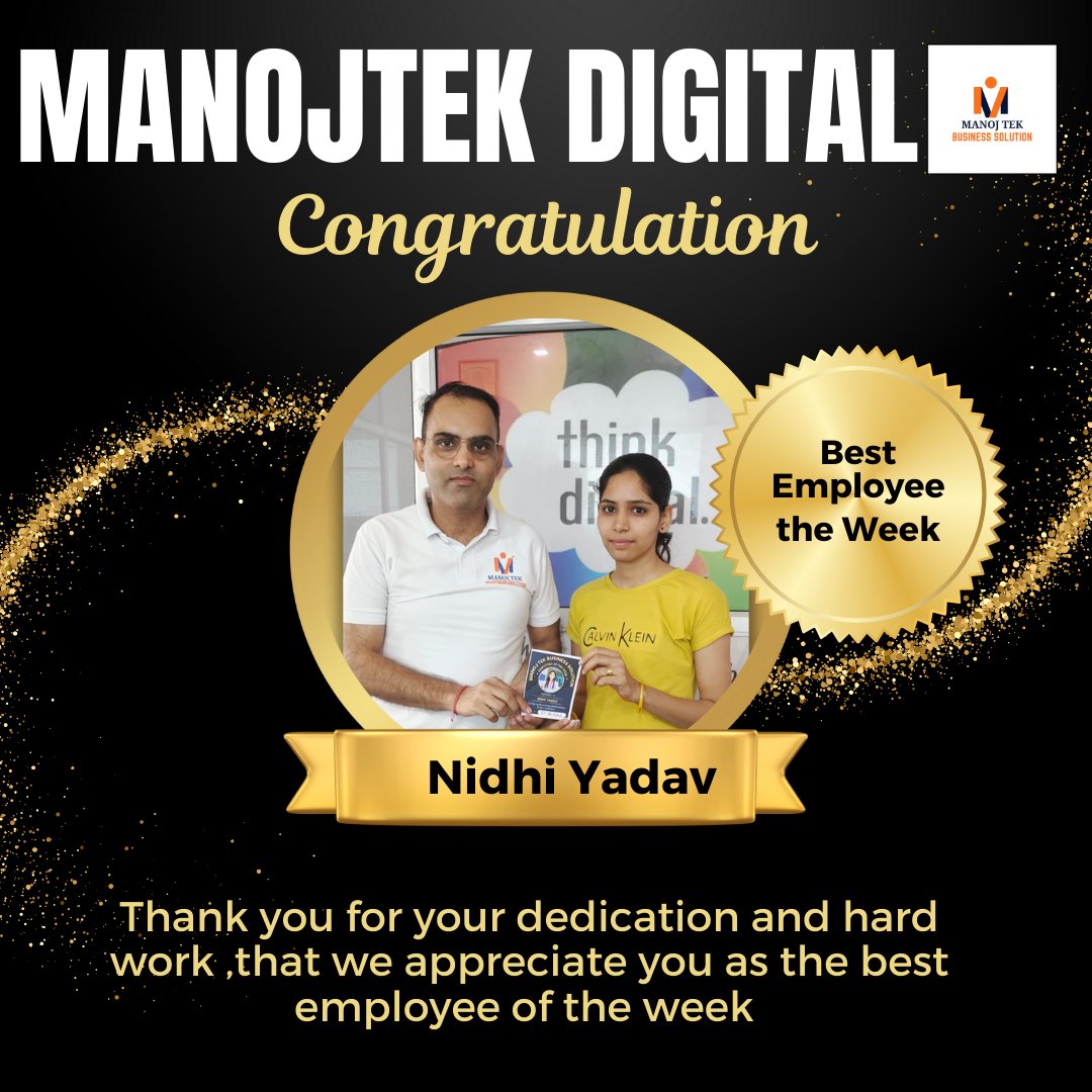 manojtek92's tweet image. Blessed Morning ! 
A huge congratulations to Ma'am Nidhi Yadav for being recognized as our Employee of the Week! 🌟 Your hard work, dedication, and outstanding performance have truly set you apart.
#EmployeeOfTheWeek 
#TeamSuccess 
#Dedication 
#Excellence