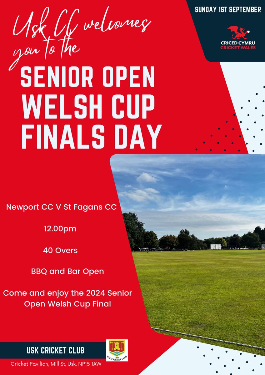 We are pleased to be hosting the Welsh Cup final again on the 1st of September. Free Entry.                                        Come along and cheer on our friends from ⁦<a href="/NewportCricketC/">Newport Cricket Club</a>⁩ and ⁦<a href="/StFagansCricket/">St Fagans Cricket Club 🦌🏏</a>⁩