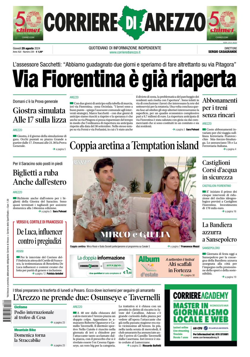 La prima pagina del Corriere di Arezzo di oggi giovedì 29 agosto
#toscana #tuscany #arezzo