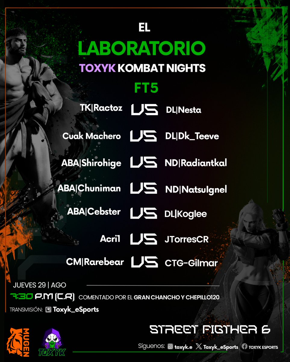 Y volvemos con las aclamadas veladas del laboratorio, regresan los experimentos más recargados que nunca, los esperamos para que sean parte del show 🎧💪🏼🕹😎🖥🎮👏🏼🎙
<a href="/AAcri1/">Acri1</a> <a href="/Cebster3/">ABA/BL | Cebs</a> <a href="/CR_FGC/">Costa Rica FGC</a> <a href="/rrejy89/">Jerry Alfaro Venegas</a> <a href="/SuperComboGG/">SuperCombo.gg</a> <a href="/ABA_Games/">ABA Games</a> <a href="/ALIANZGBL/">ALIANZ</a> <a href="/CasualMashers/">Casual Mashers</a> <a href="/DarkLegacyDL/">DarkLegacyTeam</a> <a href="/dk_teeve/">dk_teeve</a>