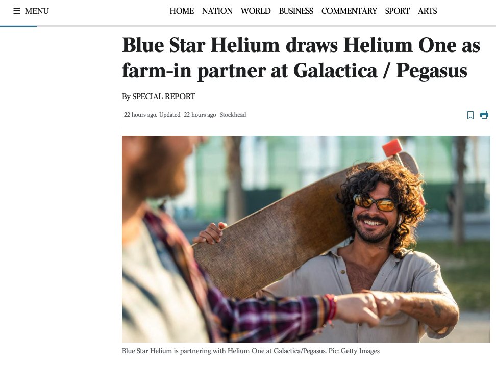 Thanks to the @Australian for reporting how <a href="/HeliumBlue/">Blue Star Helium Limited</a>’s (#ASX: $BNL; #OTCQB: $BSNLF)
Galactica/Pegasus high-value #helium and beverage grade CO2 has attracted #AIM-listed
<a href="/Heliumone1/">Helium One</a> to farm-in as a partner. See more 👉shorturl.at/LV01i