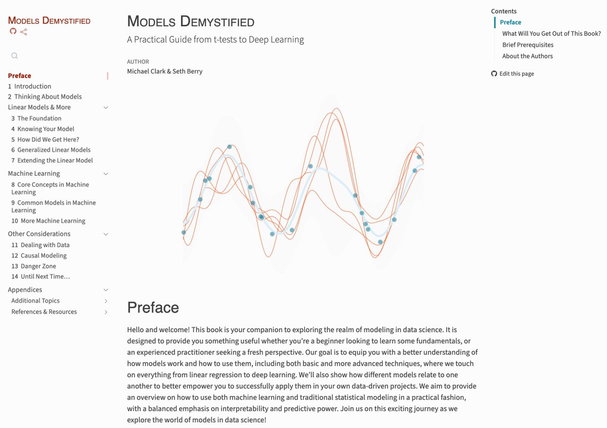 📚Libro online Modelos Desmitificados en #RStats y #Python
Una guía práctica desde pruebas t hasta el aprendizaje profundo 
Cómo utilizar #ML y #stats tradicional de manera práctica, con equilibrio entre interpretabilidad y poder predictivo 

buff.ly/4fZWgtC 
#datascience